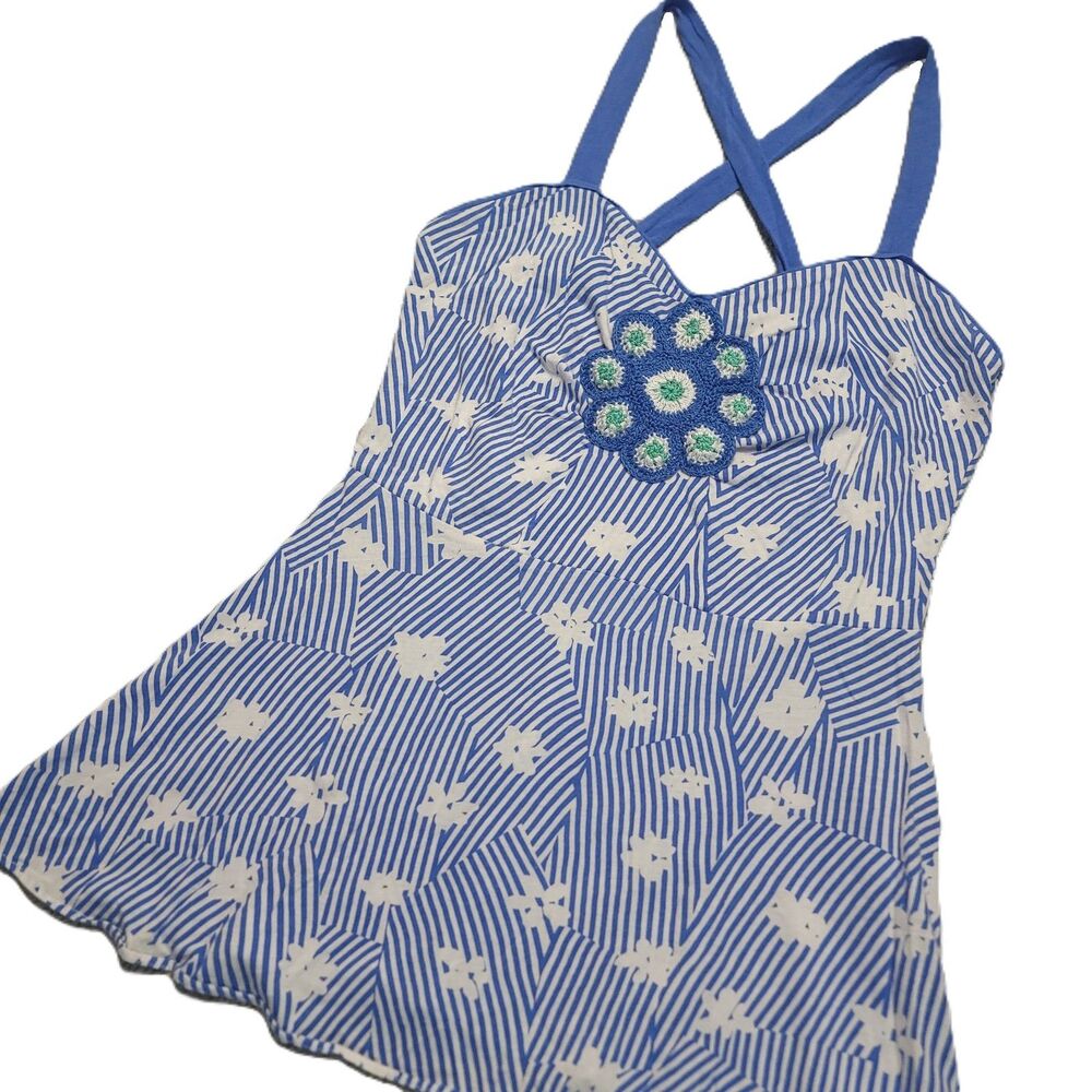 Anthropologie Little Yellow Button Shirt Womens S Floral Blue White Cross Straps